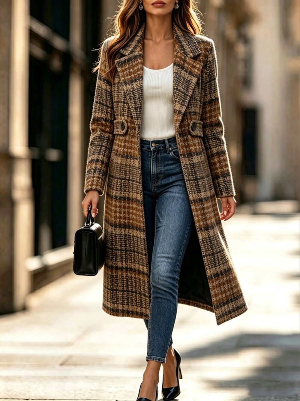 Multicolor Elegant Women's Double-Breasted Tweed Long Coat